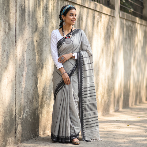 Grey Bengal Handwoven Cotton Begumpuri Saree, draped and worn by a woman, AI visual of the saree, iTokri