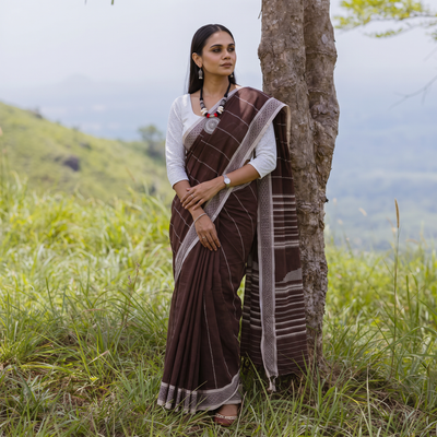 Brown Bengal Handwoven Cotton Begumpuri Saree, draped and worn by a woman, AI visual of the saree, iTokri