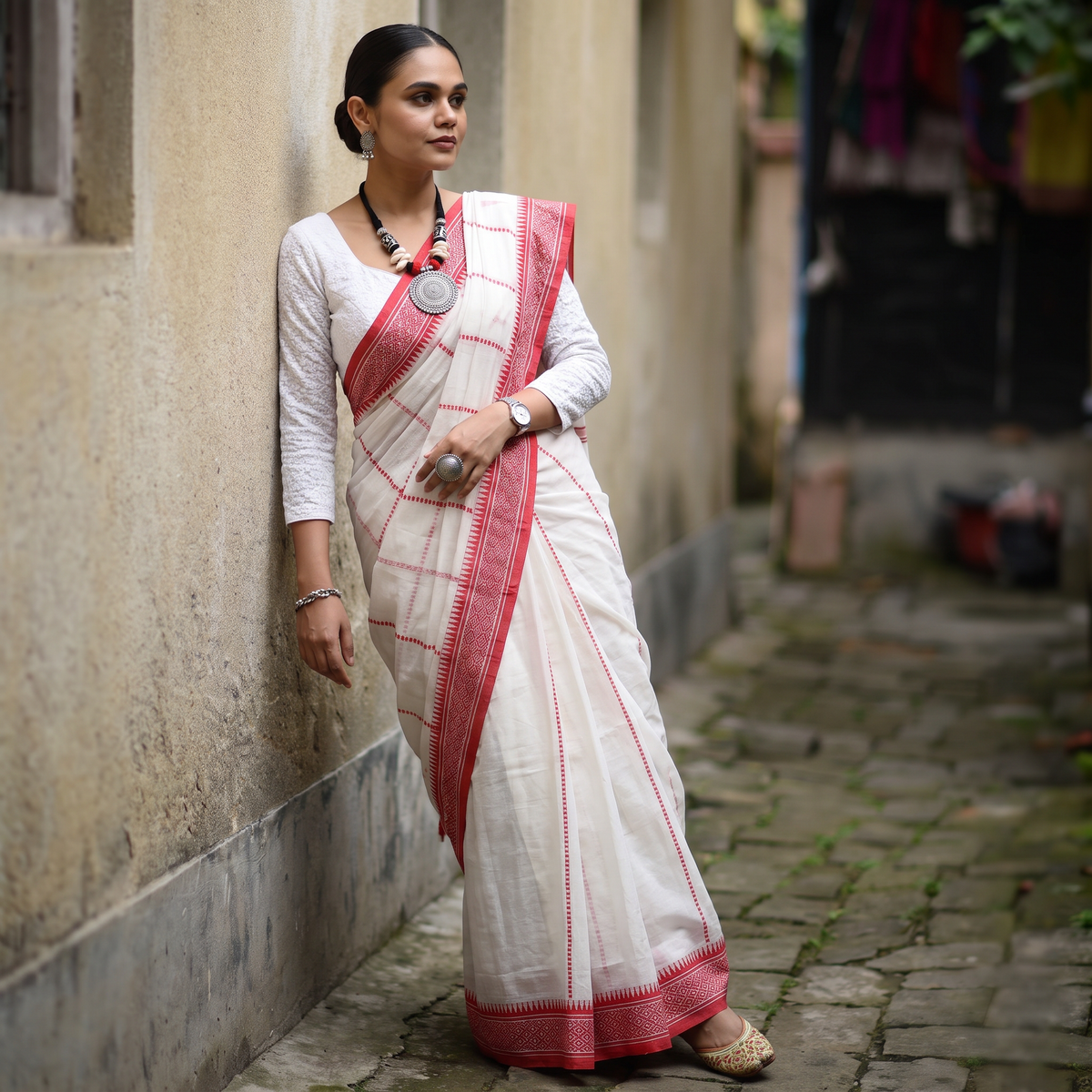 White Bengal Handwoven Cotton Begumpuri Saree, draped and worn by a woman, AI visual of the saree, iTokri