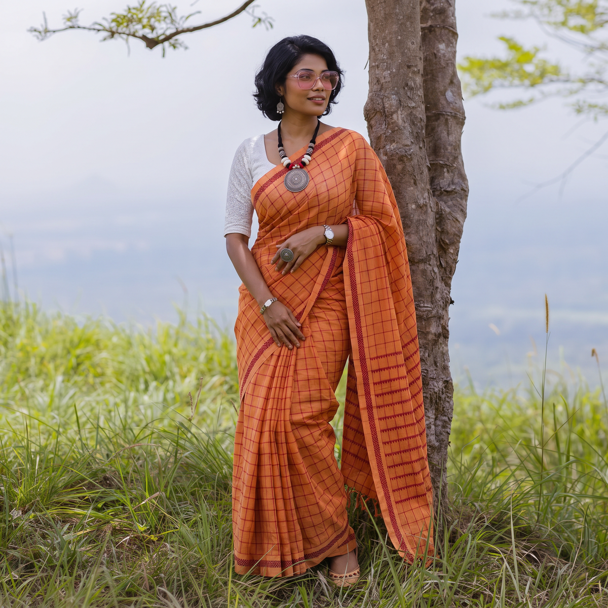 Orange Bengal Handwoven Cotton Checks Begumpuri Saree, draped and worn by a woman, AI visual of the saree, iTokri