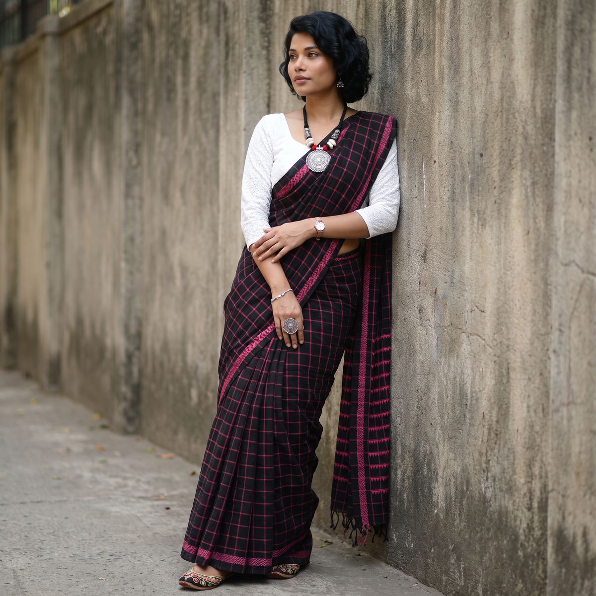 Black Bengal Handwoven Cotton Checks Begumpuri Saree, draped and worn by a woman, AI visual of the saree, iTokri