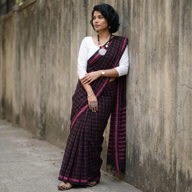 Black Bengal Handwoven Cotton Checks Begumpuri Saree, draped and worn by a woman, AI visual of the saree, iTokri