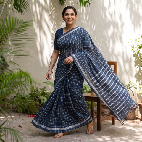 Grey Bengal Handwoven Cotton Checks Begumpuri Saree, draped and worn by a woman, AI visual of the saree, iTokri