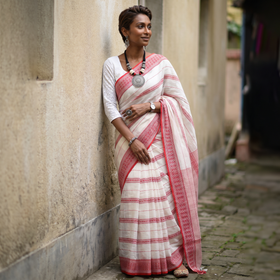 White Bengal Handwoven Cotton Fish Buti Begumpuri Saree, draped and worn by a woman, AI visual of the saree, iTokri