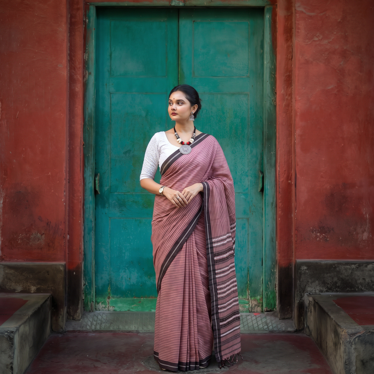 Brown Bengal Handwoven Cotton Stripes Begumpuri Saree, draped and worn by a woman, AI visual of the saree, iTokri