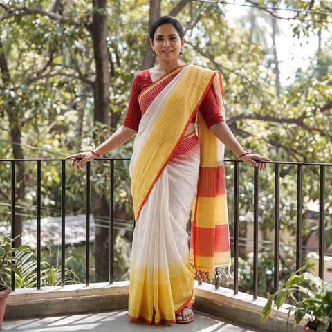 White Bengal Handwoven Pure Cotton Check Border Saree for Durga Puja, draped and worn by a woman, AI visual of the saree, iTokri
