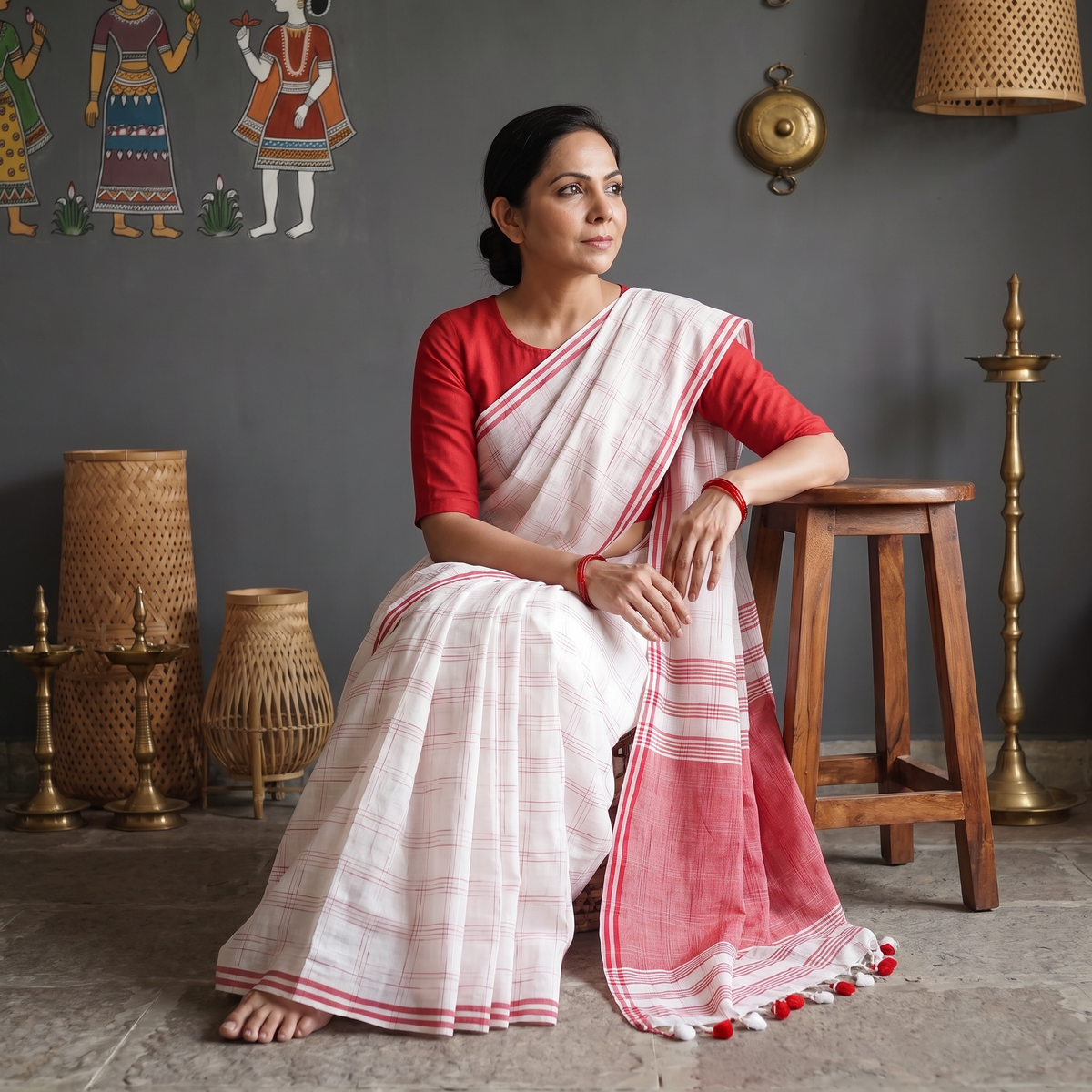 White Bengal Handwoven Pure Cotton Check Saree for Durga Puja, draped and worn by a woman, AI visual of the saree, iTokri