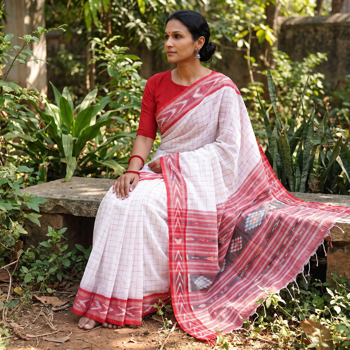 White Bengal Ikat Handwoven Pure Cotton Saree for Durga Puja, draped and worn by a woman, AI visual of the saree, iTokri