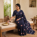 Blue Bengal Kantha Embroidery Pure Cotton Handloom Saree, draped and worn by a woman, AI visual of the saree, iTokri