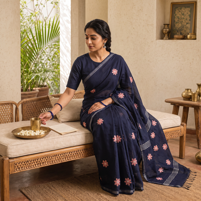 Blue Bengal Kantha Embroidery Pure Cotton Handloom Saree, draped and worn by a woman, AI visual of the saree, iTokri