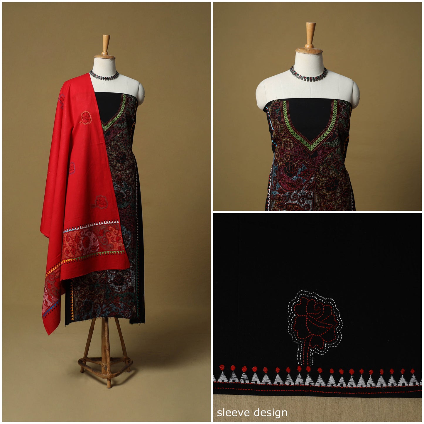 Bengal kantha hand embroidered cotton 3pc unstitched dress