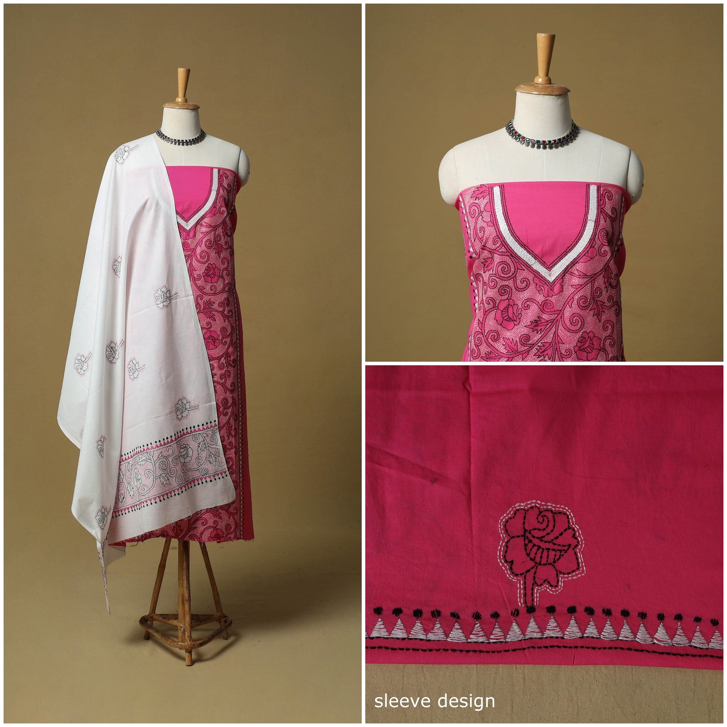 Bengal kantha hand embroidered cotton 3pc unstitched dress