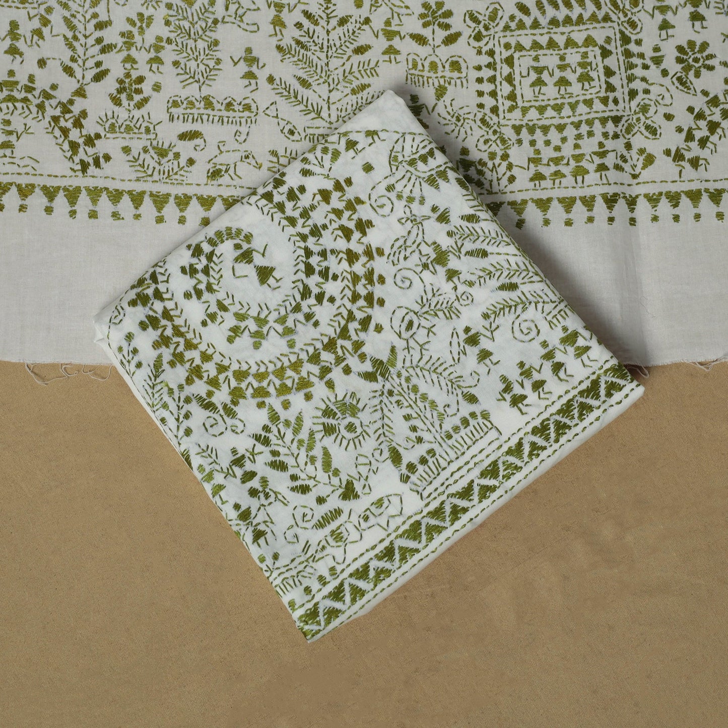 Bengal kantha hand embroidered cotton 3pc unstitched dress