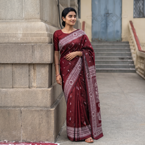 Maroon Bengal Kantha Hand Embroidered Pure Silk Saree, draped and worn by a woman, AI visual of the saree, iTokri