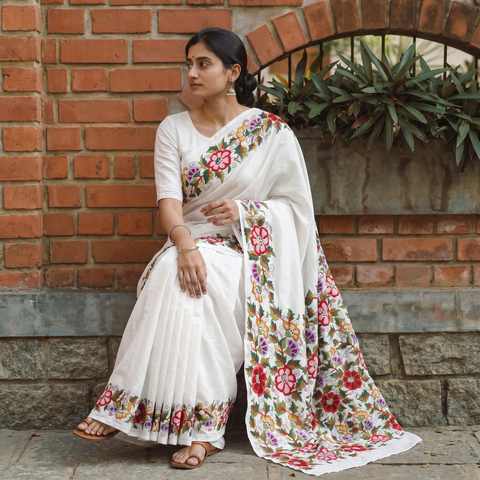 White Bengal Kantha Hand Embroidered Pure Silk Saree, draped and worn by a woman, AI visual of the saree, iTokri