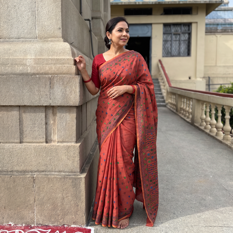 Red Bengal Kantha Hand Embroidery Silk Cotton Chapa Work Saree, draped and worn by a woman, AI visual of the saree, iTokri