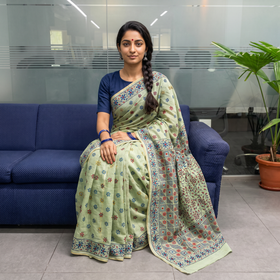 Green Bengal Kantha Hand Embroidery Silk Cotton Chapa Work Saree, draped and worn by a woman, AI visual of the saree, iTokri