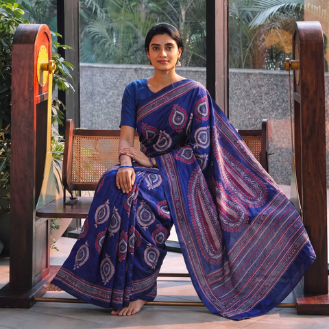 Blue Bengal Kantha Heavy Hand Embroidered Pure Silk Saree, draped and worn by a woman, AI visual of the saree, iTokri