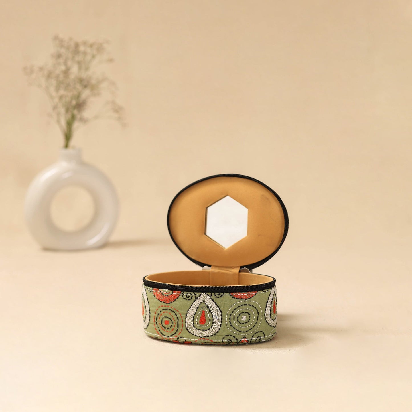 Bengal kantha work handcrafted oval jewellery box