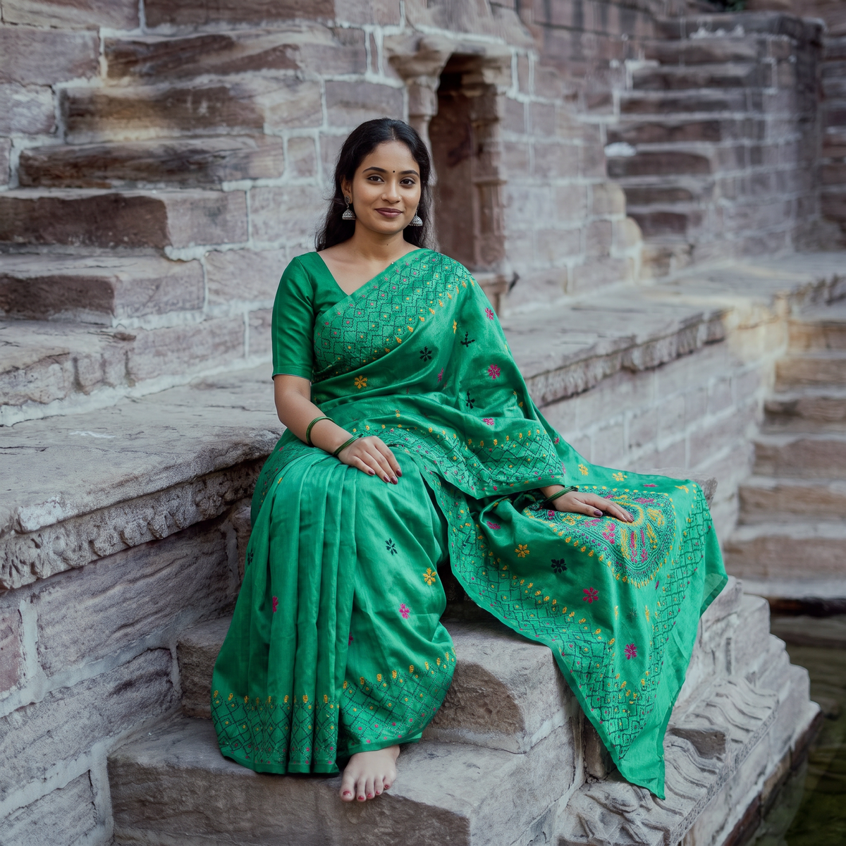 Green Bengal Nakshi Kantha Embroidery Silk Saree, draped and worn by a woman, AI visual of the saree, iTokri