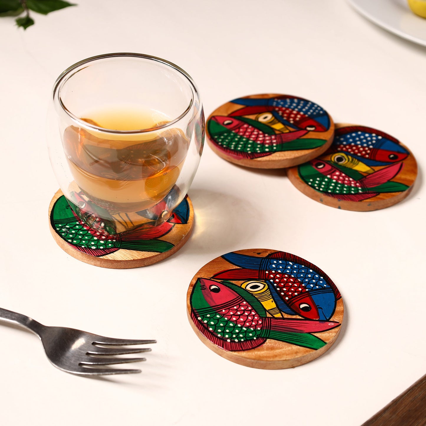  Bengal Patua Handpainted Akashmoni Wooden Coasters (Set of 4) 25 Online at iTokri.com 