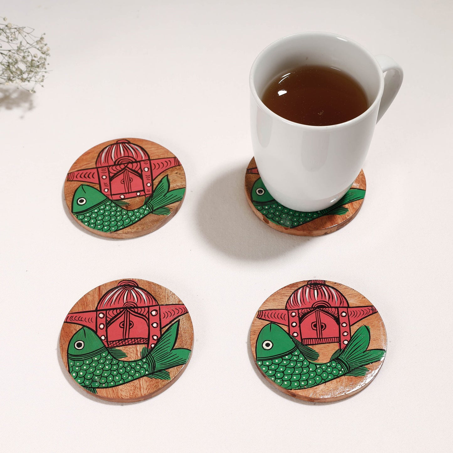  Bengal Patua Handpainted Akashmoni Wooden Coasters Online at iTokri.com 