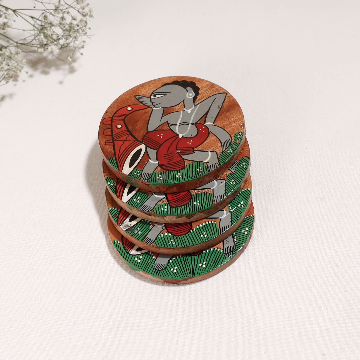  Bengal Patua Handpainted Akashmoni Wooden Coasters Online at iTokri.com 