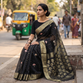 Black Bengal Pure Cotton Zari Tant Handloom Saree, draped and worn by a woman, AI visual of the saree, iTokri