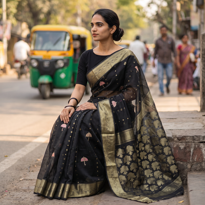 Black Bengal Pure Cotton Zari Tant Handloom Saree, draped and worn by a woman, AI visual of the saree, iTokri