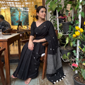 Black Bengal Pure Mul Cotton Jamdani Saree with Tassels, draped and worn by a woman, AI visual of the saree, iTokri