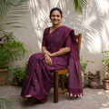 Purple Bengal Pure Mul Cotton Jamdani Saree with Tassels, draped and worn by a woman, AI visual of the saree, iTokri