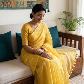 Yellow Bengal Pure Mul Cotton Jamdani Saree with Tassels, draped and worn by a woman, AI visual of the saree, iTokri