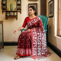 Maroon Bengal Pure Muslin Handloom Jamdani Saree, draped and worn by a woman, AI visual of the saree, iTokri