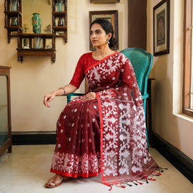 Maroon Bengal Pure Muslin Handloom Jamdani Saree, draped and worn by a woman, AI visual of the saree, iTokri