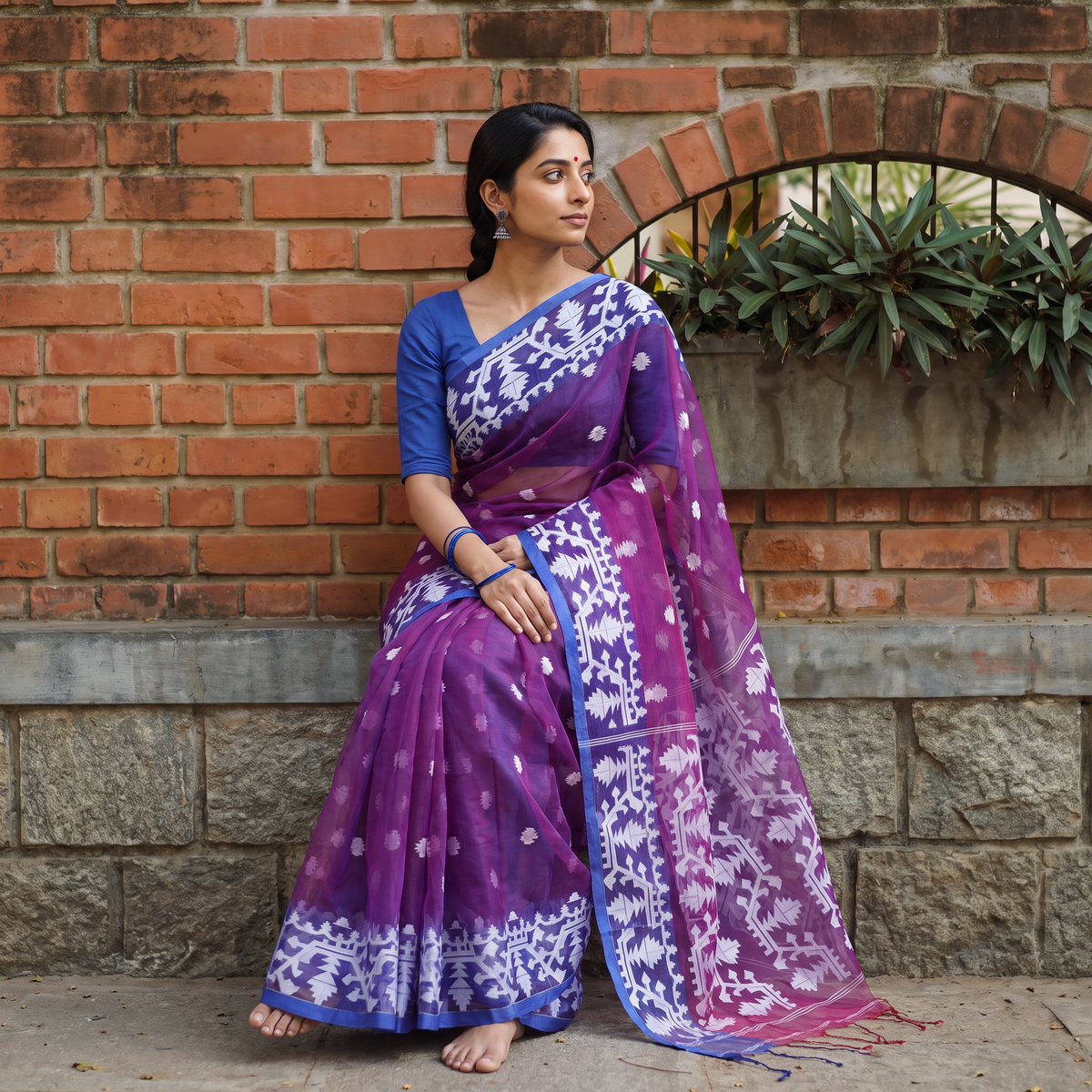 Purple Bengal Pure Muslin Handloom Jamdani Saree, draped and worn by a woman, AI visual of the saree, iTokri