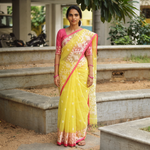 Yellow Bengal Pure Muslin Handloom Jamdani Saree, draped and worn by a woman, AI visual of the saree, iTokri