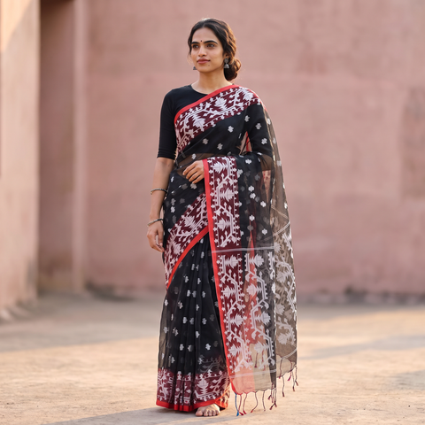 Black Bengal Pure Muslin Handloom Jamdani Saree, draped and worn by a woman, AI visual of the saree, iTokri