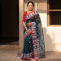 Green Bengal Pure Muslin Handloom Jamdani Saree, draped and worn by a woman, AI visual of the saree, iTokri