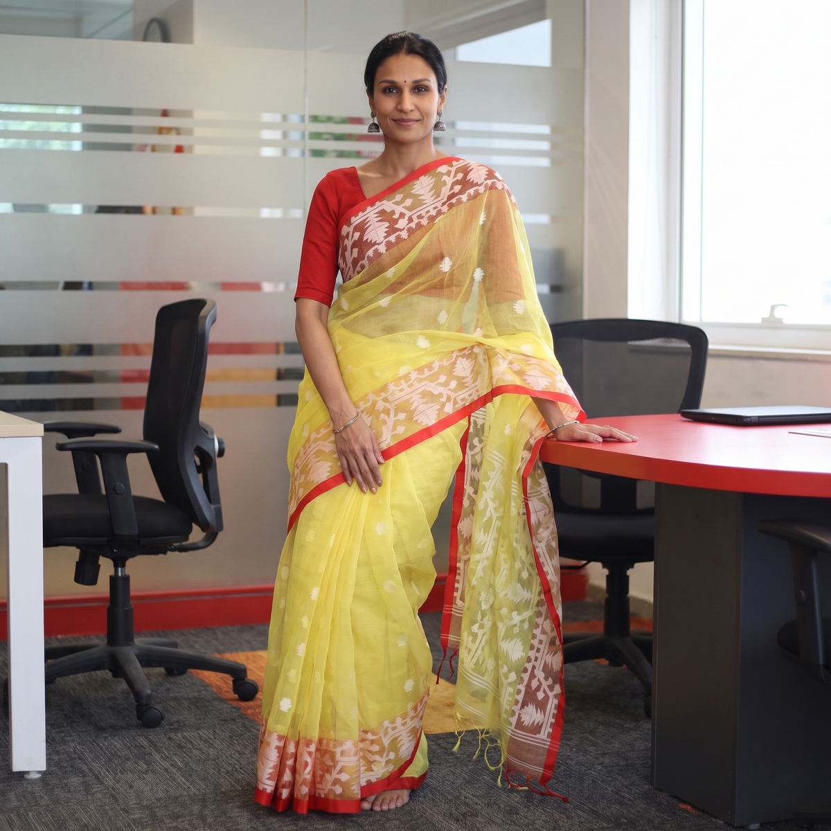 Yellow Bengal Pure Muslin Handloom Jamdani Saree, draped and worn by a woman, AI visual of the saree, iTokri
