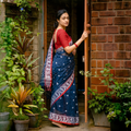 Blue Bengal Pure Muslin Handloom Jamdani Saree, draped and worn by a woman, AI visual of the saree, iTokri