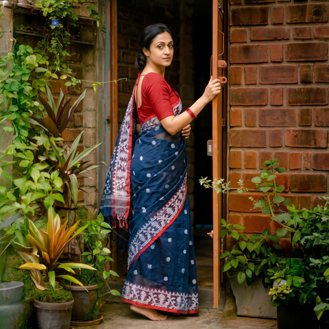 Blue Bengal Pure Muslin Handloom Jamdani Saree, draped and worn by a woman, AI visual of the saree, iTokri