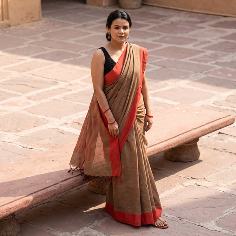 Brown Bengal Woven Border Handloom Cotton Saree, draped and worn by a woman, AI visual of the saree, iTokri