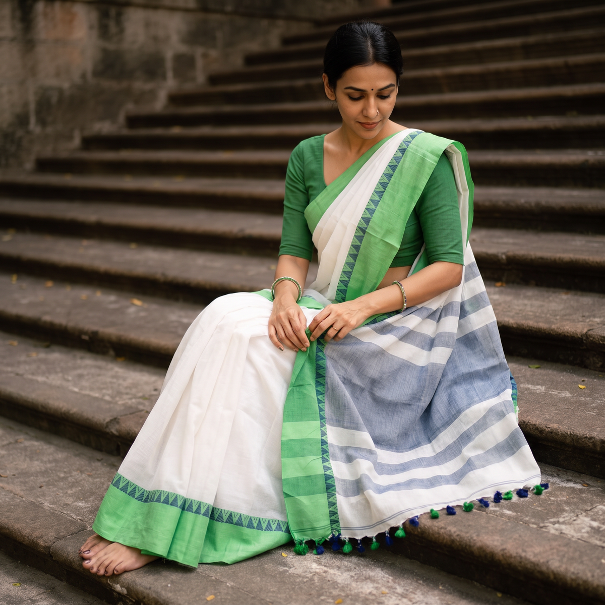 White Bengal Woven Border Handloom Cotton Saree, draped and worn by a woman, AI visual of the saree, iTokri