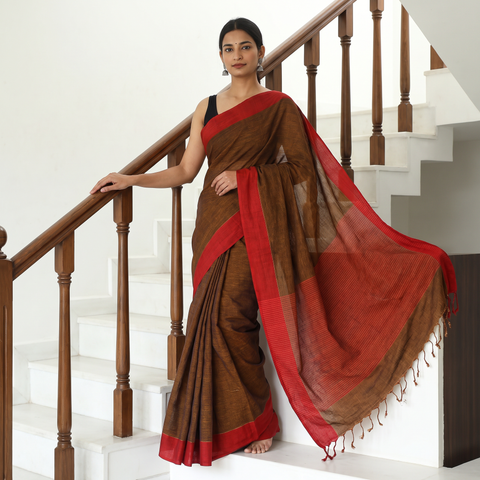 Brown Bengal Woven Border Handloom Cotton Saree, draped and worn by a woman, AI visual of the saree, iTokri