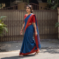 Blue Bengal Woven Border Handloom Cotton Saree, draped and worn by a woman, AI visual of the saree, iTokri