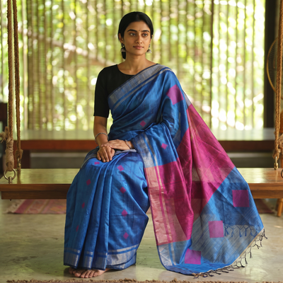 Blue Bengal Woven Border Handloom Pure Cotton Saree, draped and worn by a woman, AI visual of the saree, iTokri