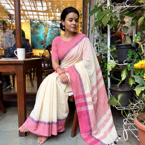 Yellow Bengal Woven Border Handloom Pure Cotton Saree, draped and worn by a woman, AI visual of the saree, iTokri