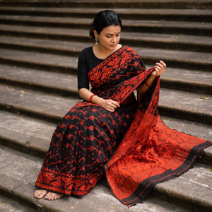 Orange Bengal Woven Silk Cotton Saree, draped and worn by a woman, AI visual of the saree, iTokri