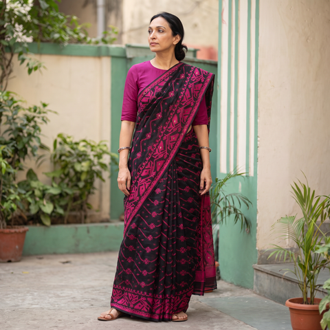 Pink Bengal Woven Silk Cotton Saree, draped and worn by a woman, AI visual of the saree, iTokri