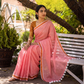 Pink Bengal Zari Border Pure Mul Cotton Saree with Sequin Work, draped and worn by a woman, AI visual of the saree, iTokri